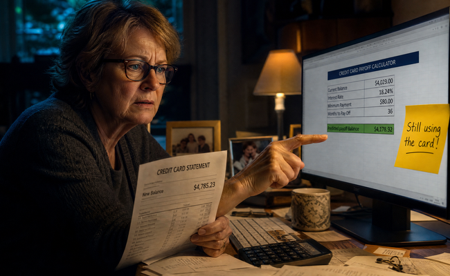 Woman looking confused at a calculator result that does not match her actual account balance because of continued spending