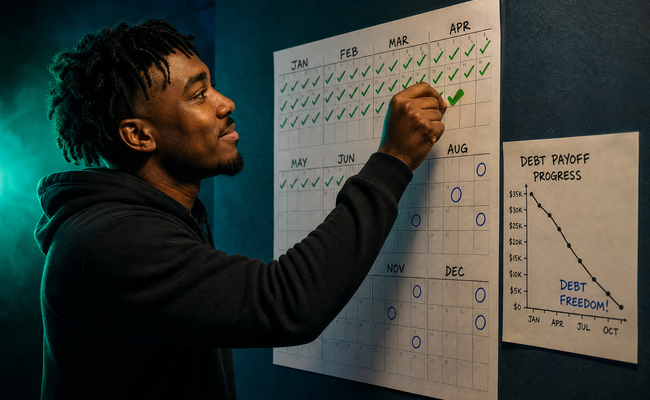 Calendar with monthly payment milestones marked and a progress chart showing declining debt balances over time