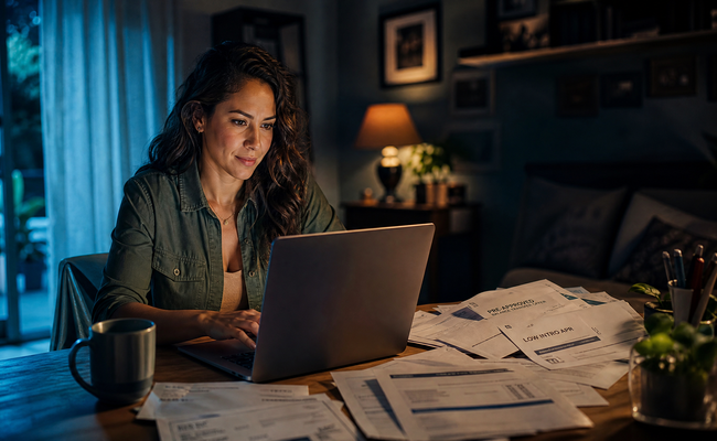 Woman in her mid-30s sitting at a desk comparing credit card offers and balance transfer strategies on her laptop with statements spread beside her
