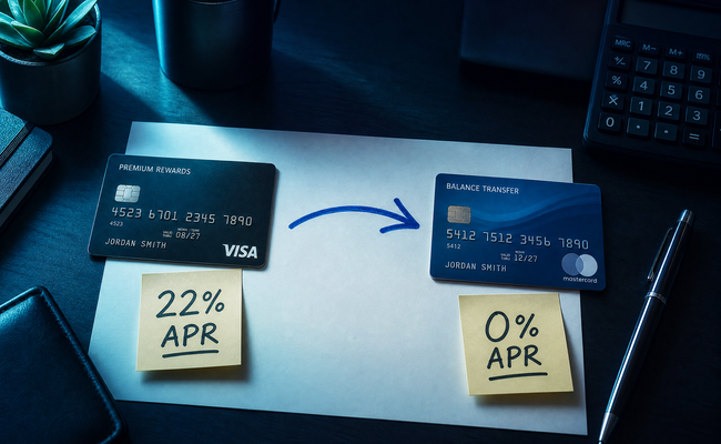 Diagram showing an arrow moving a balance from one credit card labeled high interest to another card labeled zero percent
