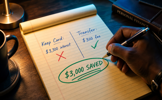 Notepad showing two columns comparing interest paid on current card versus transfer fee cost with the savings circled
