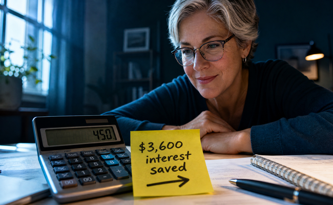 Calculator on a desk showing a three percent fee calculation next to a much larger annual interest charge for comparison
