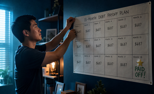 Calendar with eighteen months marked and a monthly payment amount written on each month leading to a zero balance at the end
