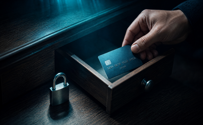 Credit card being placed into a desk drawer with a lock symbolizing the decision to keep it open but unused
