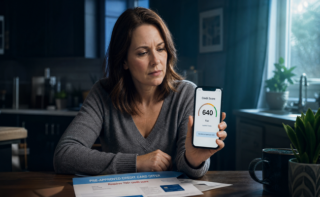 Person looking at a credit score report showing a number below the threshold needed for the best promotional card offers
