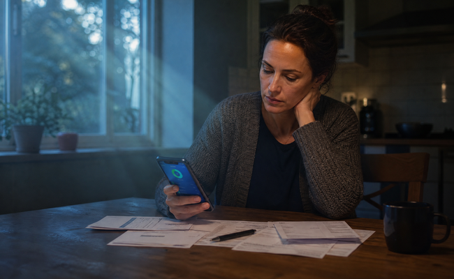 Woman in her mid-30s sitting at kitchen table looking at bank statement with credit card bills nearby