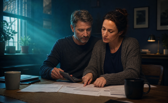 Couple in their 40s reviewing financial documents together at dining room table
