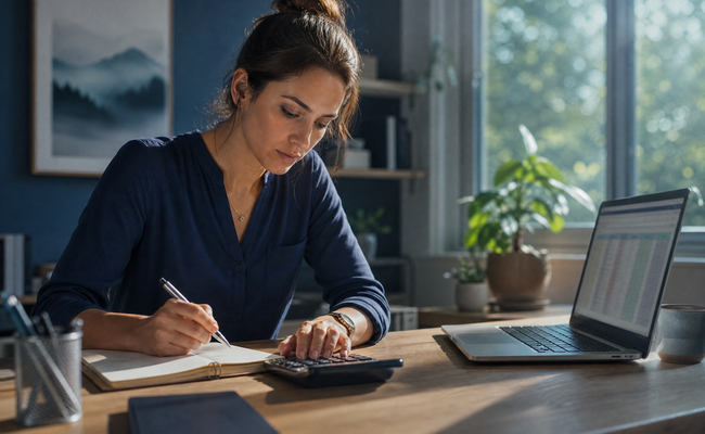 Young woman using calculator and notebook to plan her debt repayment strategy
