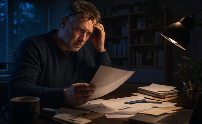 Man in his 50s looking worried while reviewing medical bills at his desk
