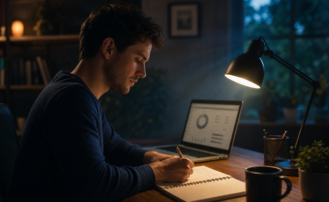 Young man writing a financial plan in notebook with laptop open beside him