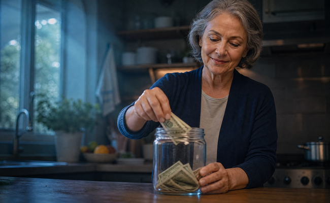 Older woman smiling while putting money into savings jar at her kitchen counter