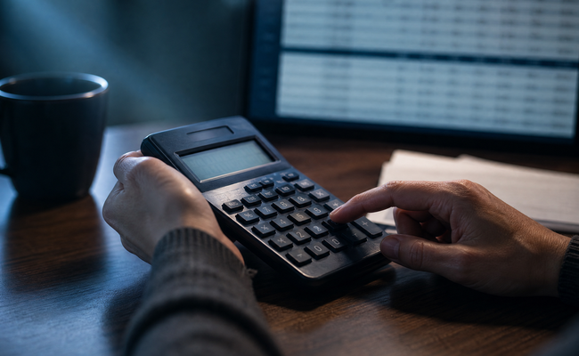 Person using financial calculator with spreadsheet showing debt balances and interest rates