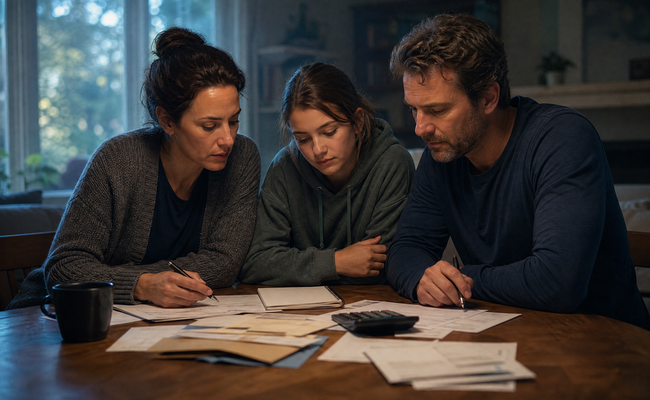 Family of three sitting together discussing their financial plan with documents on table