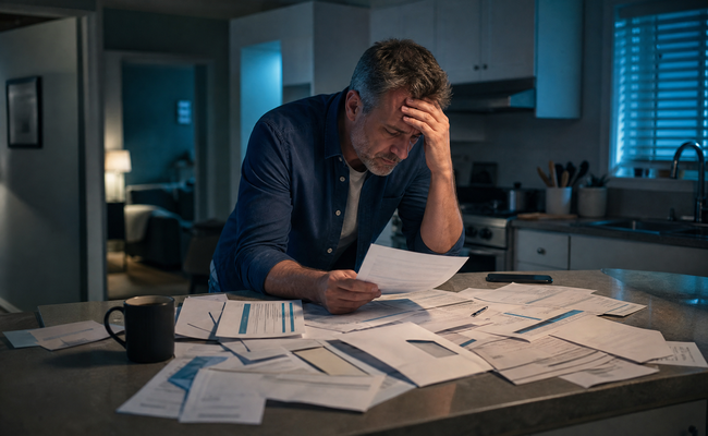 Man in his late 40s standing at kitchen counter looking stressed at pile of bills and credit card statements