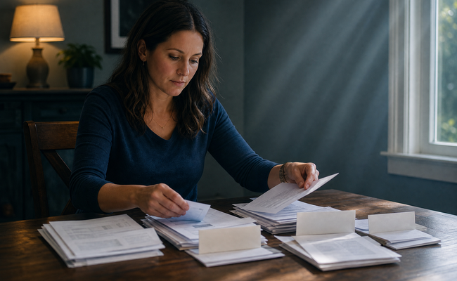 Woman in her 30s organizing bills into priority stacks at her dining room table