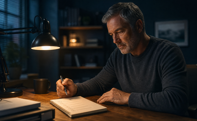 Man in his 50s reviewing a handwritten priority list with mortgage and car payment at the top