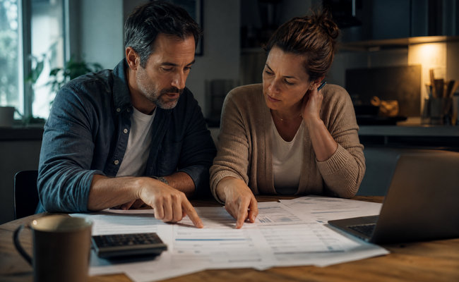 Couple in their 40s sitting together discussing their debt priority order with documents spread out