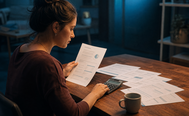 Young woman using calculator to compare interest rates on multiple credit card statements