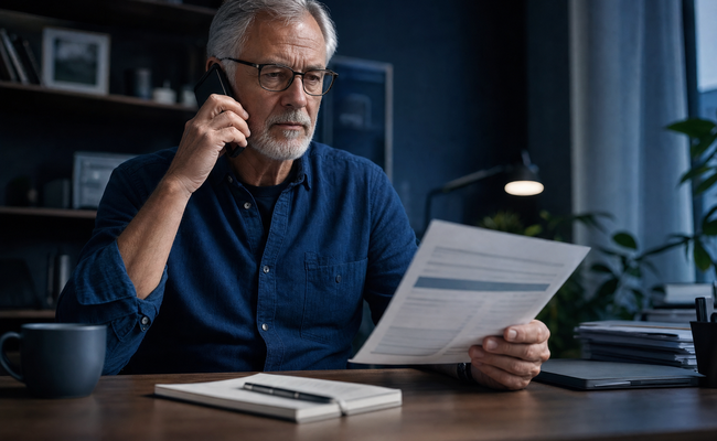 Older man on the phone negotiating a medical bill payment plan at his home office desk