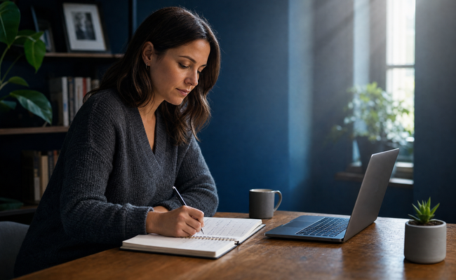 Woman in her 30s writing a comprehensive debt list in a notebook with laptop open beside her