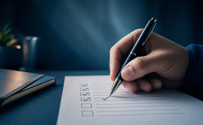 Person checking off items on a printed debt priority checklist with a pen at a clean desk