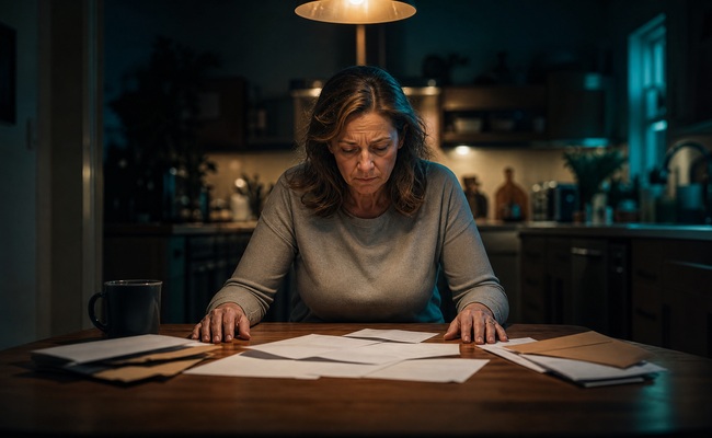 A woman in her early fifties sitting at a kitchen table, collection letters spread before her,