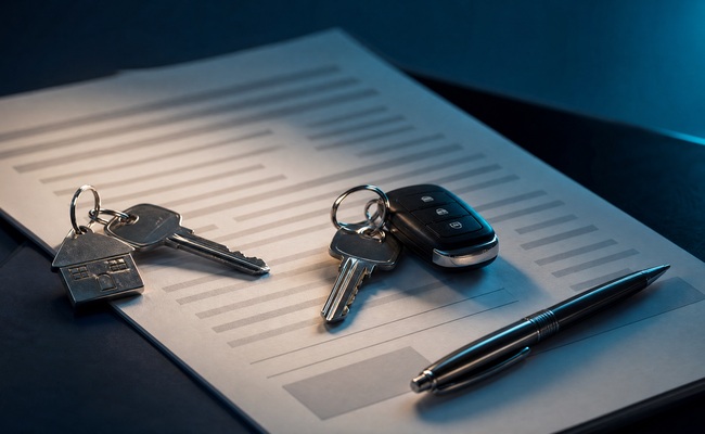 House and car keys resting on a loan agreement document representing collateral for secured debt