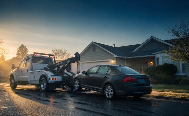 Tow truck preparing to repossess a vehicle from a residential driveway at dawn