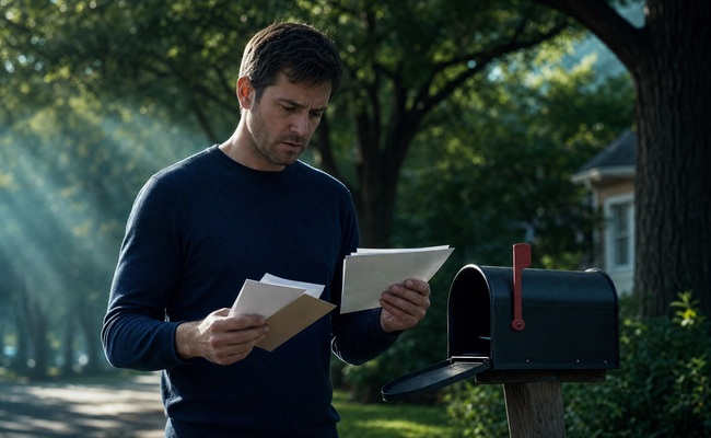 Person in their thirties opening collection letters from a mailbox with a concerned expression