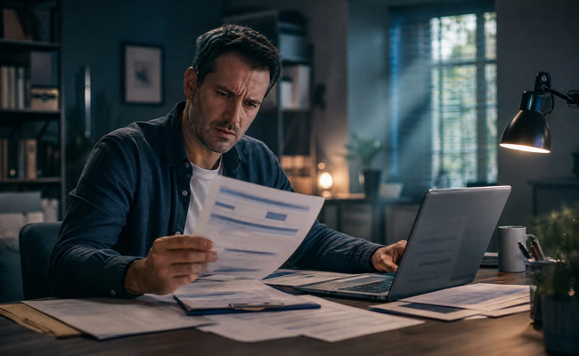Man in his early forties sitting at a desk staring at a credit report with a confused and concerned expression