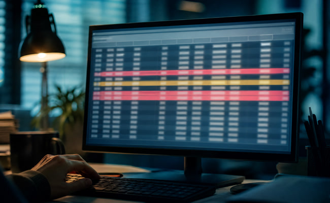 Close-up of a computer screen showing a spreadsheet of debt accounts with highlighted errors in the data