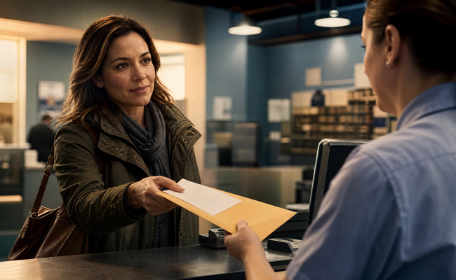 Woman in her thirties at a post office counter mailing a certified letter with return receipt