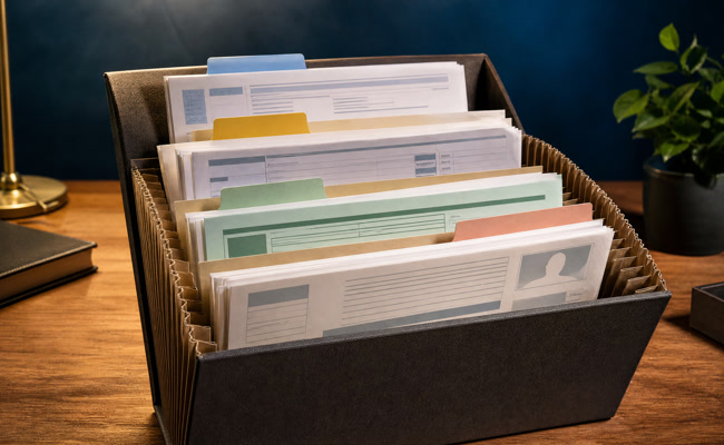 Organized file folder with labeled tabs containing bank statements lease agreements and identification documents
