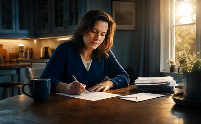 Woman in her forties at a kitchen table writing a formal letter with certified mail envelope beside her