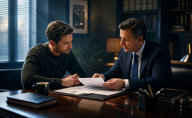 Person sitting across from an attorney at a law office desk reviewing dispute documentation together