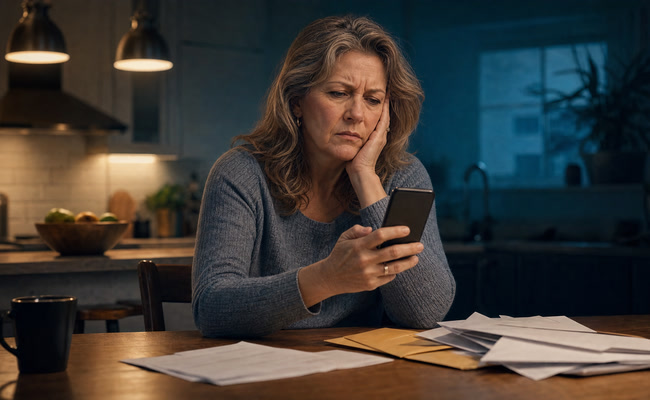 Woman in her late fifties at a kitchen table holding a phone with a frustrated expression while collection notices sit nearby