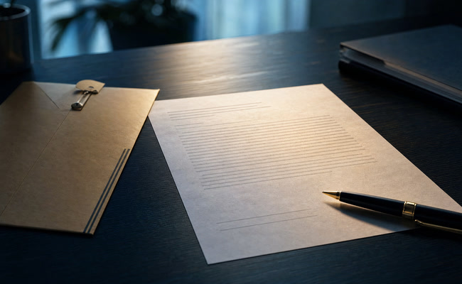 Close-up of a formal typed letter on a desk with certified mail envelope and pen ready for signing
