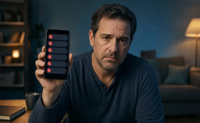 Man in his forties looking stressed while his phone displays multiple missed calls from unknown numbers