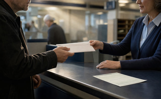 Person at a post office counter handing a certified letter to a postal worker with return receipt form visible