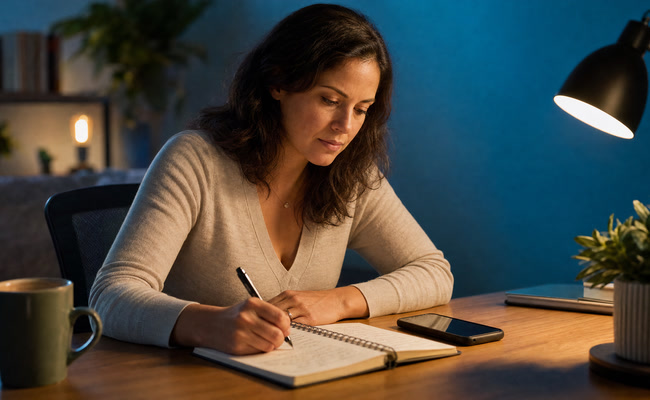 Woman in her thirties at a desk documenting phone call details in a notebook with her phone beside her