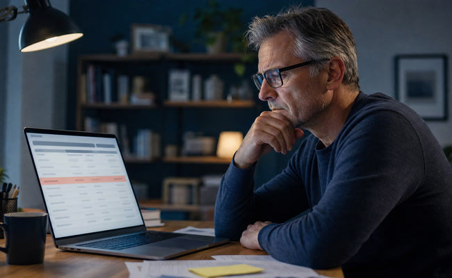 Man in his fifties reviewing a credit report on his laptop showing a collection account still listed