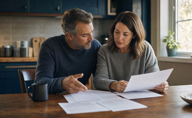 Couple in their forties sitting together at a table discussing financial documents and weighing their options