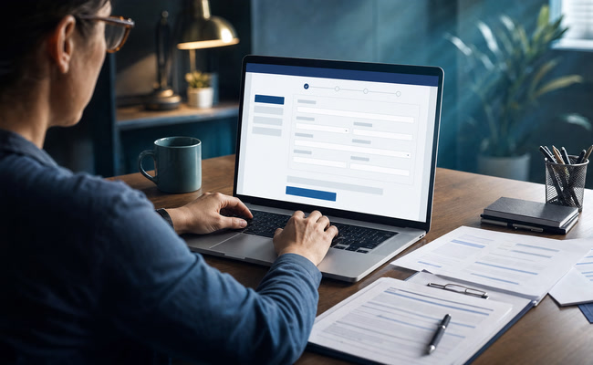 Person filing a complaint form on a government website with reference documents spread on the desk