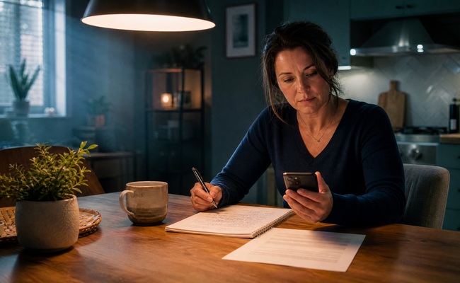 Woman in her late thirties sitting at a kitchen table with phone in hand and collection notice reviewing her notes