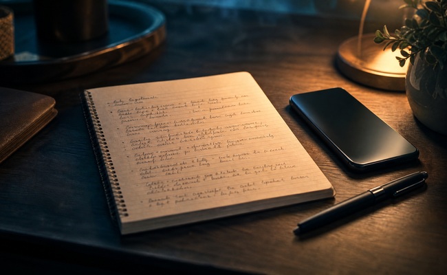 Close-up of a notepad with handwritten talking points and key phrases next to a phone on a desk