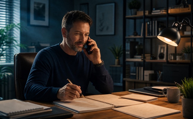 Man in his forties at a home office desk speaking confidently into a phone with notes in front of him