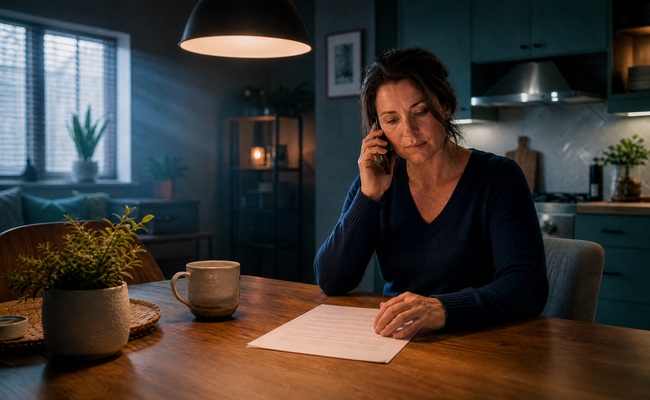 Woman in her fifties calmly listening on the phone while reading from a prepared script at her dining table