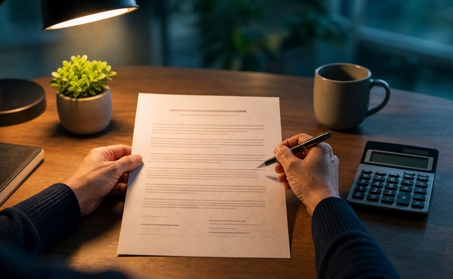Person reviewing a settlement agreement document with a calculator and pen on a clean desk