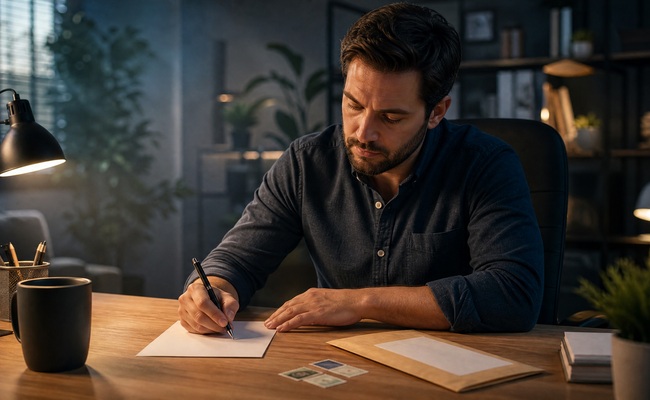 Man in his thirties at a desk writing a follow-up letter with certified mail envelope and stamps nearby