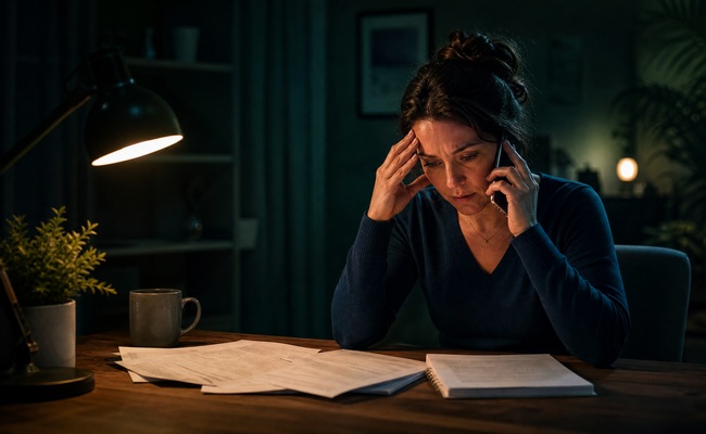 Young woman looking stressed while on phone call having revealed too much financial information to a collector